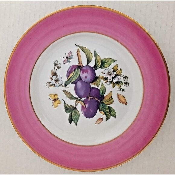 St. Limoges 7.5" Porcelain Plate Plum Fruit Center Mauve Rim Gold Trim - Picture 6 of 6